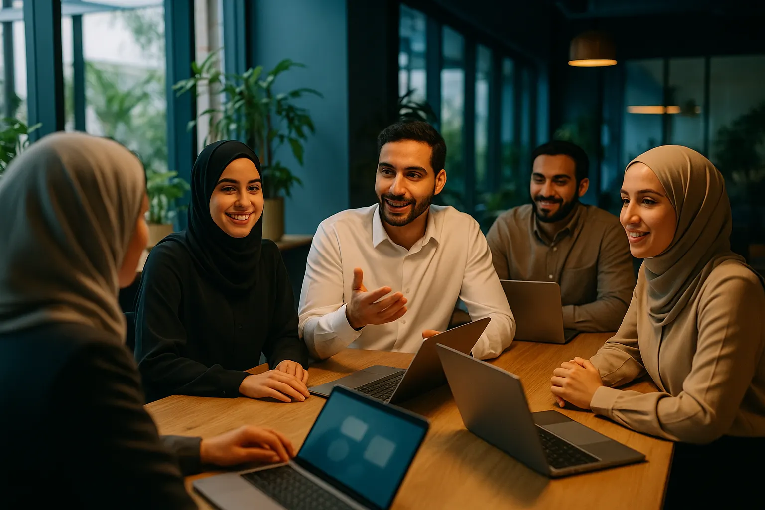 مجموعة يتعلمون معًا كيف يعمل الفريق الهجين